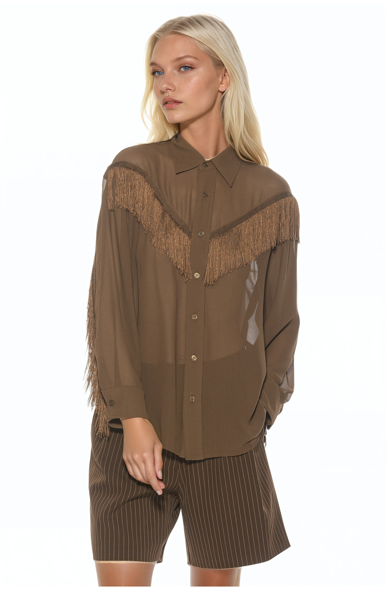 Alexia Admor Kairos Oversized Fringe Shirt, Main, color, Brown