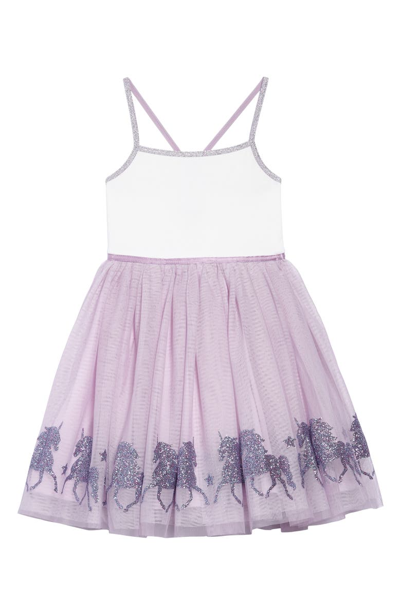 Zunie Glittery Unicorn Ballerina Dress, Main, color, 