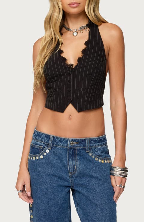 Devon Lace Trim Pinstripe Halter Vest