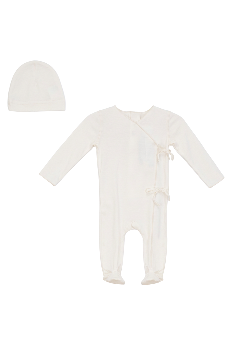 Wrap Front Overlap Twill Tape Detail Romper with Matching Hat, Alternate, color, Natural