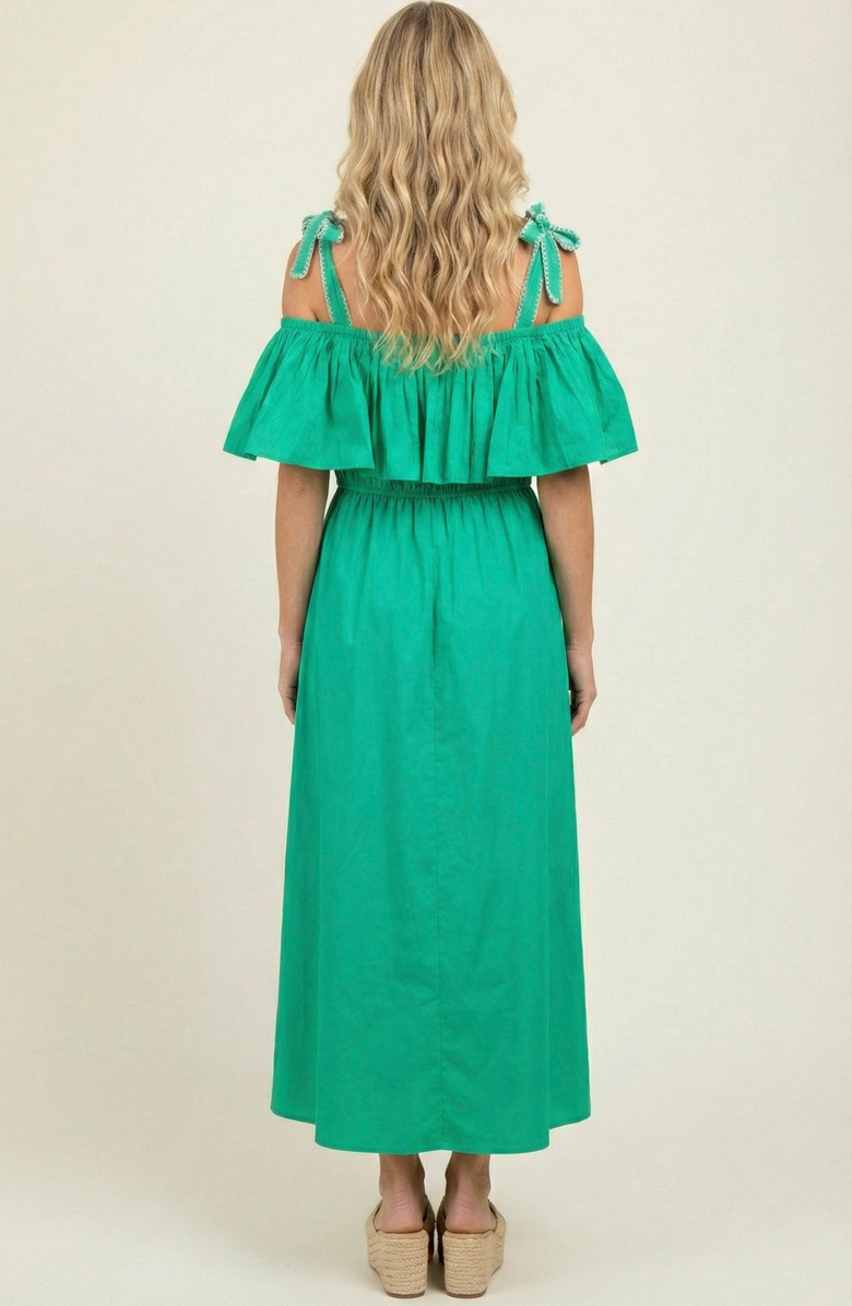 Modenaire Off Shoulder Ruffle Smocked Midi Dress, Alternate, color, Emerald Green