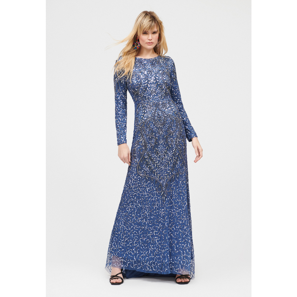 Maryisa Embellished Sequin Beaded Foral A Line Maxi In Turk Blue