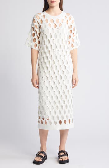 Hugo Boss Open-structured Dress With Inner Slip And Short Sleeves In Soft Cream
