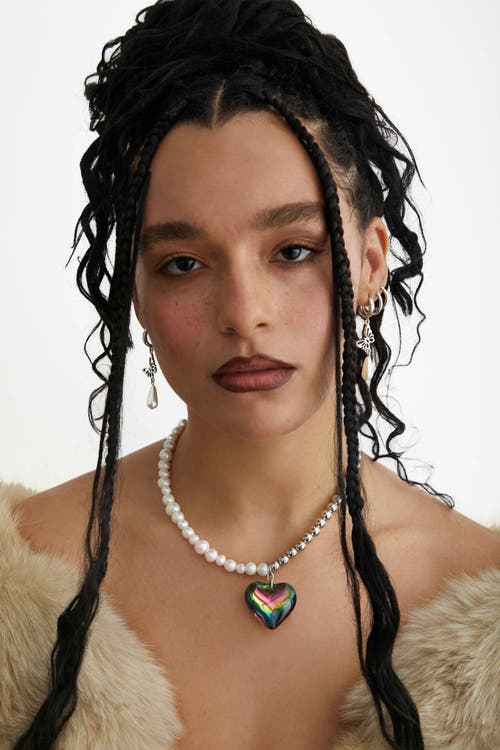 Velvet Luna Freshwater Pearl And Steel Bead Necklace With Heart Charm In Metallic