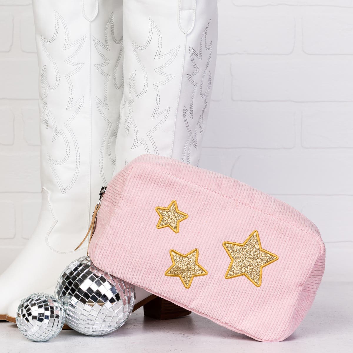 Gold Star Corduroy Cosmetic Bag Polyester Gold, Alternate, color, Pink