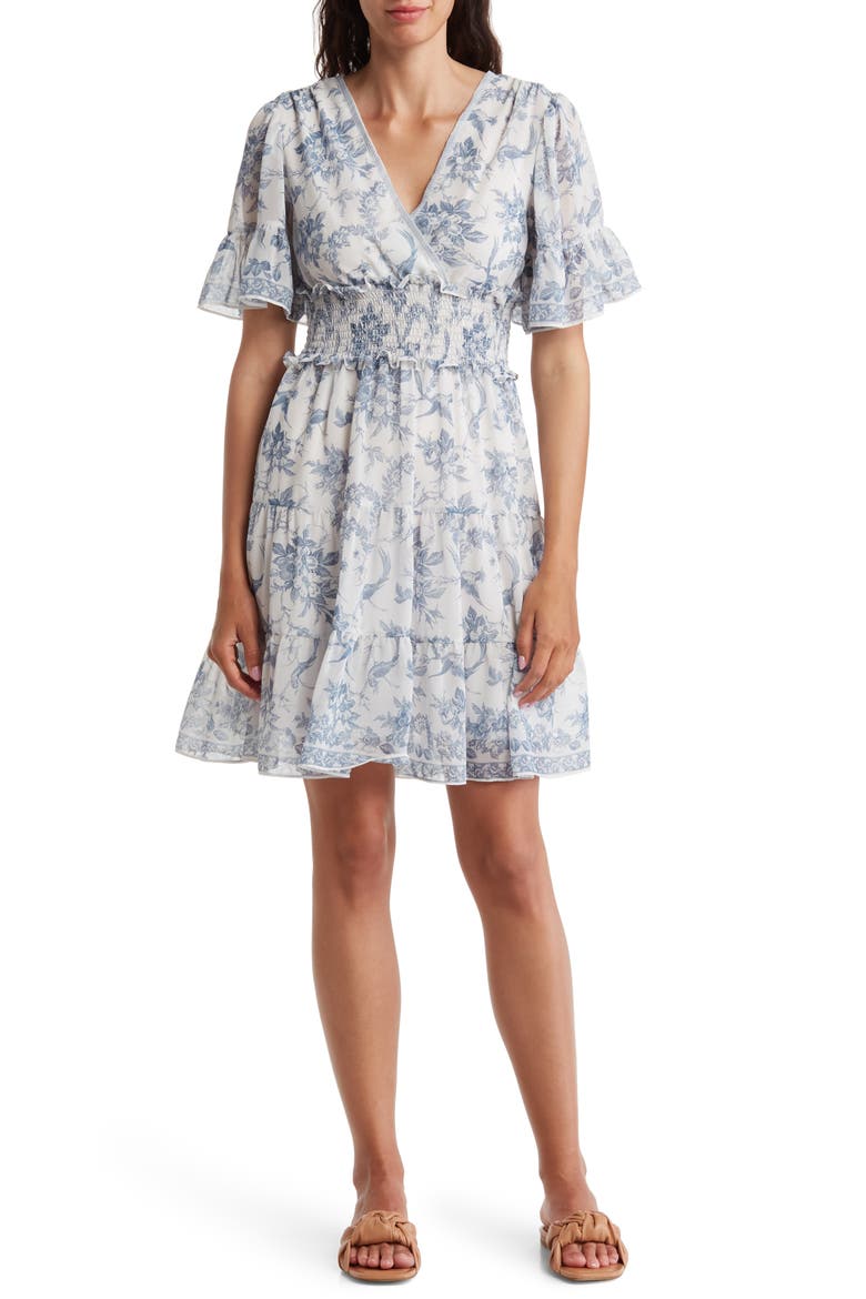 Georgette Ditsy Floral Print Tiered Dress, Main, color, CREAM/ BLUE FLORAL TOILE