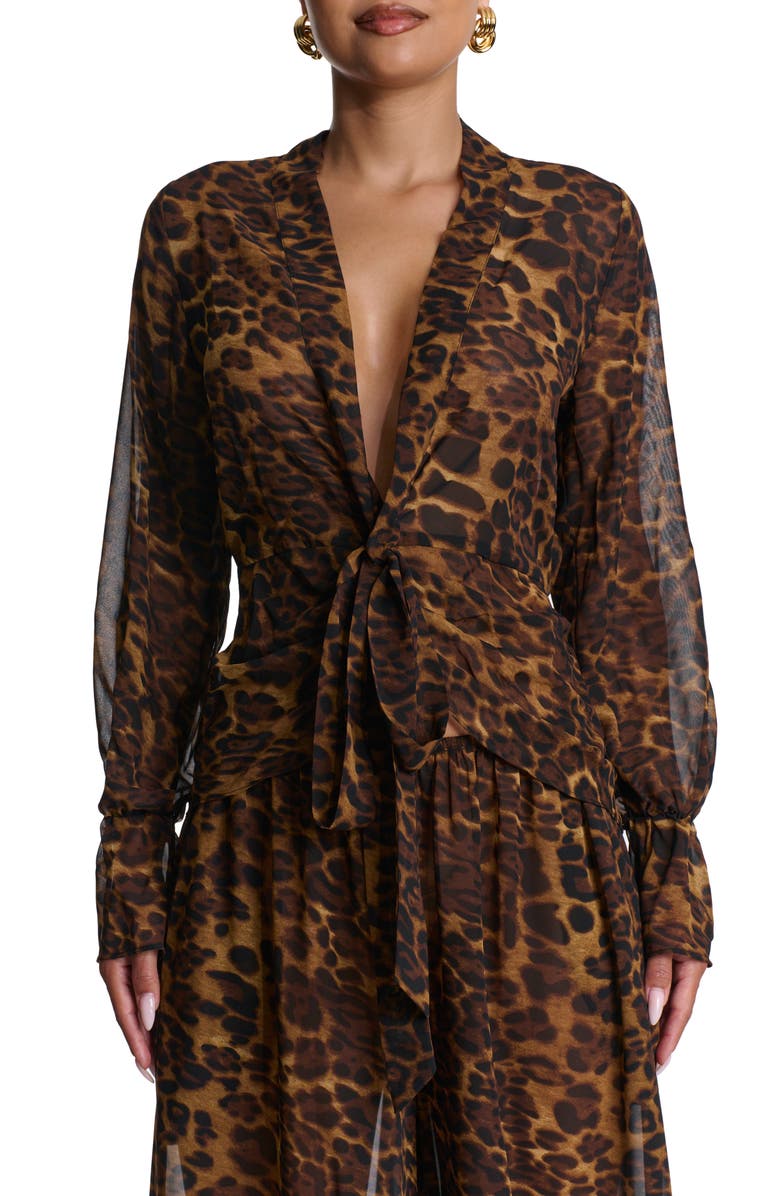 Naked Wardrobe Plunge Tie Front Chiffon Top, Main, color, Leopard