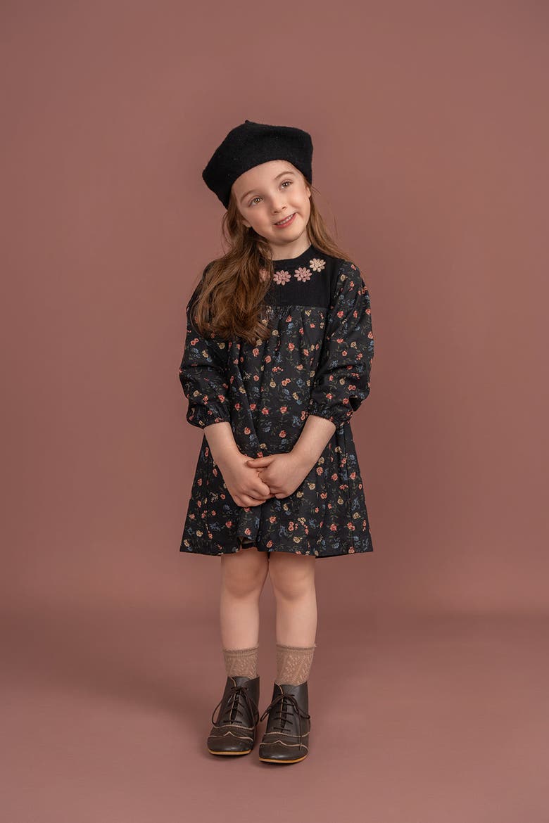 Long Sleeve Flower Print Embroidered Dress, Alternate, color, Black
