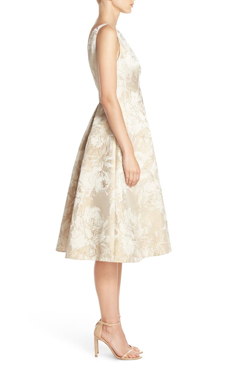 Floral Metallic Jacquard Fit & Flare Dress, Alternate, color, MINK