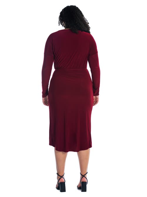24seven Comfort Apparel Long Sleeve Dressy Tulip Skirt Knee Length Dress In Burgundy