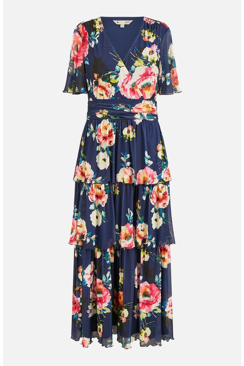 Mesh V-Neck Tiered Maxi Dress, Alternate, color, Navy
