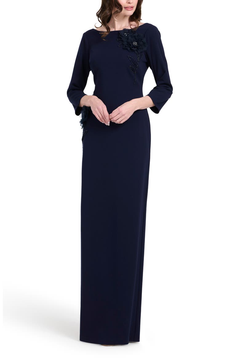 Stretch Crepe Floral Appliqué Gown, Alternate, color, NAVY
