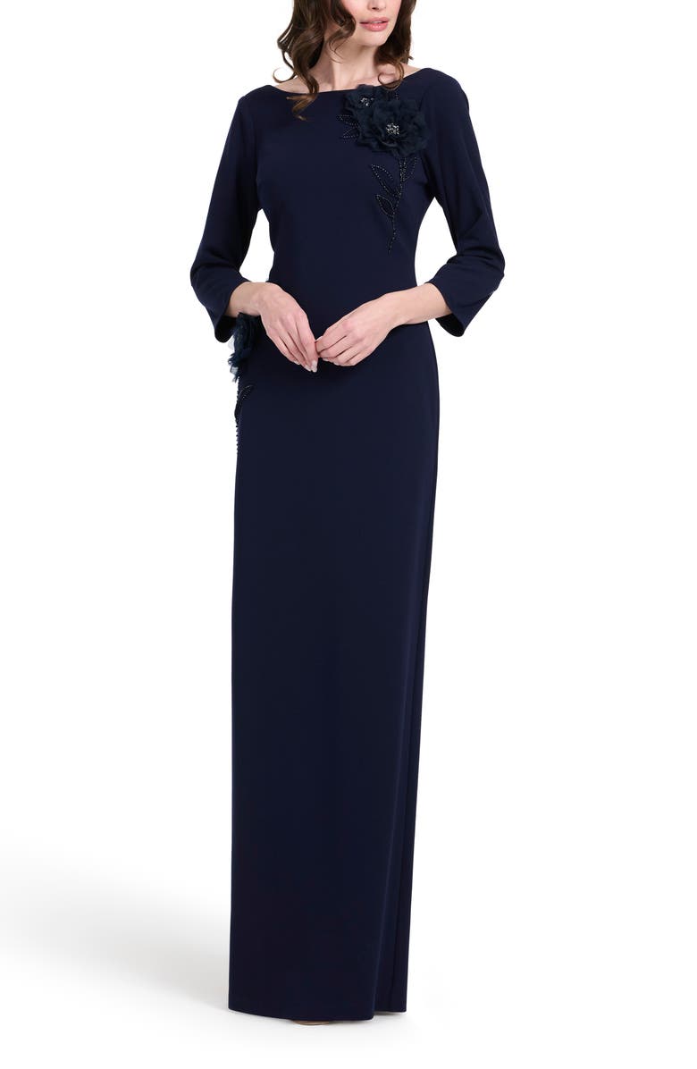 EMILY SHALANT Stretch Crepe Floral Appliqué Gown, Alternate, color, Navy