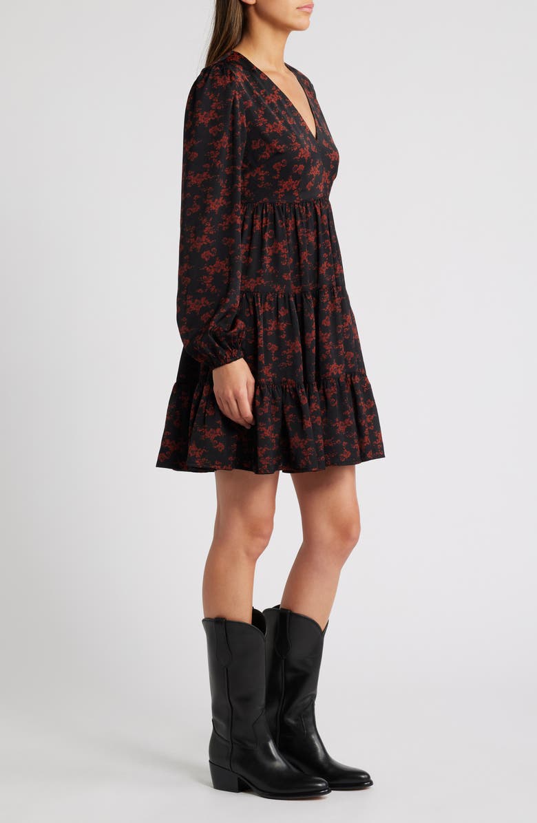 Treasure & Bond V-Neck Long Sleeve Satin Minidress, Alternate, color, Black- Rust H Abstract Bouquet