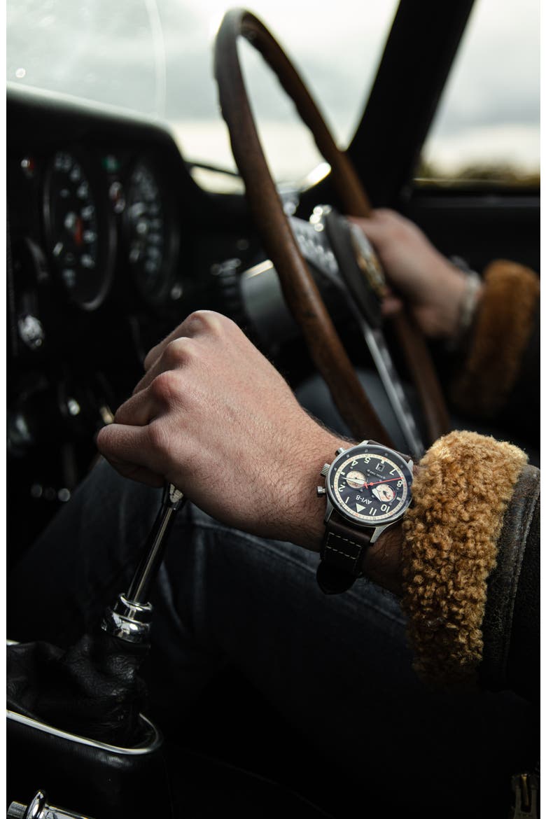 Hawker Hurricane Carey Chronograph Leather Strap Watch, 44mm, Alternate, color, BLACK