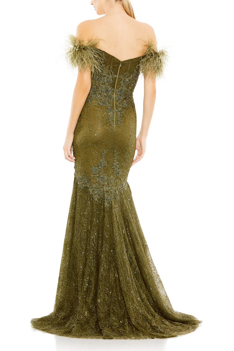 Beaded Feather Trim Off the Shoulder Mermaid Gown, Alternate, color, OLIVE