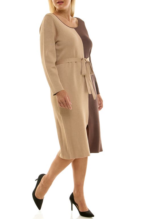 Nina Leonard Boat Neck Long Sleeve Colorblock Sweater Dress In Brown