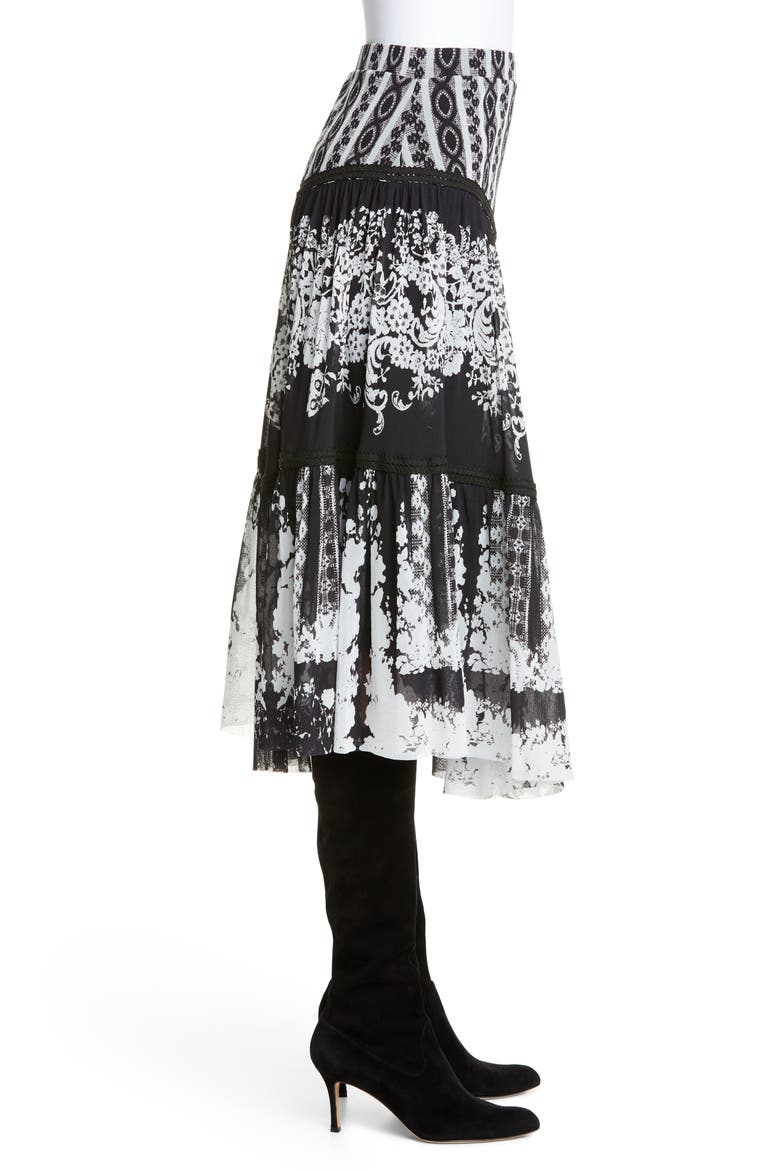 Lace Print Tiered Skirt, Alternate, color, BLACK