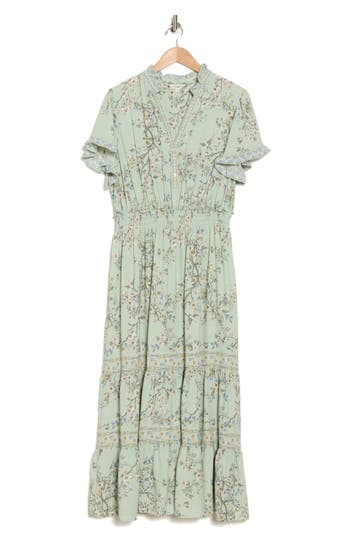 Max Studio Flutter Sleeve Tiered Maxi Dress In Celadon Crane Blssm