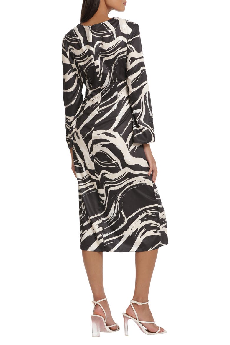 Tie Waist High Neck Long Sleeve Midi Dress, Alternate, color, BLACK/ CREAM