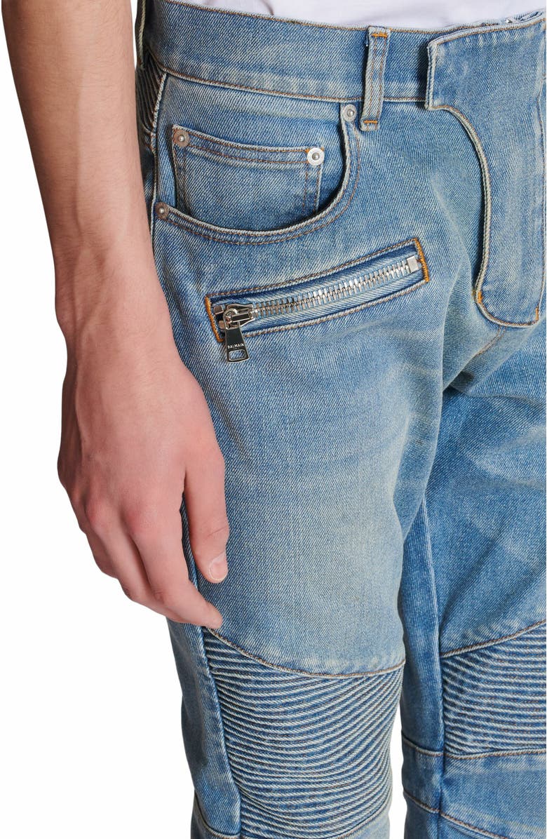Balmain Blue Denim Biker Jeans, Alternate, color, Blue