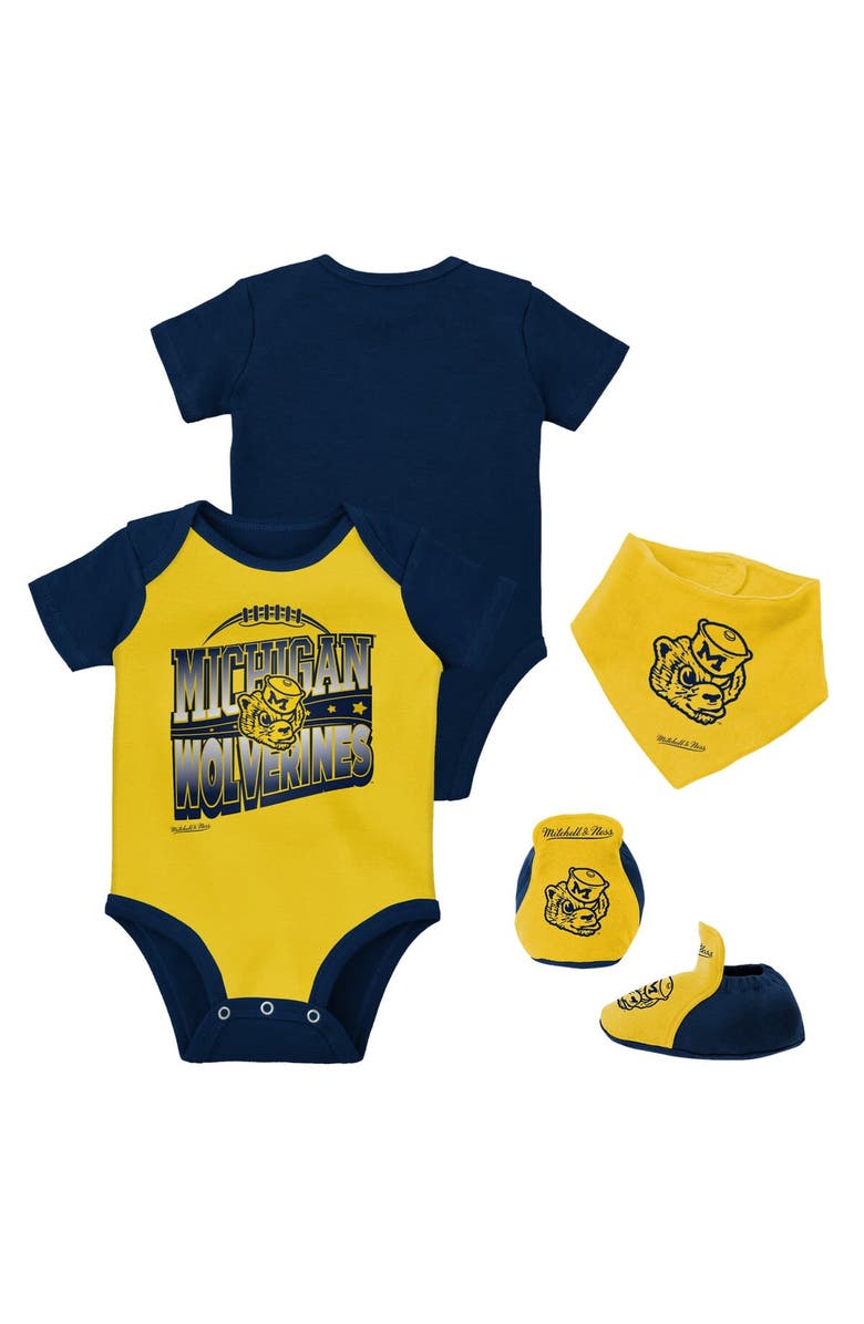 Mitchell & Ness Infant Mitchell & Ness Navy/Maize Michigan Wolverines 3-Pack Bodysuit, Bib and Bootie Set, Main, color, 