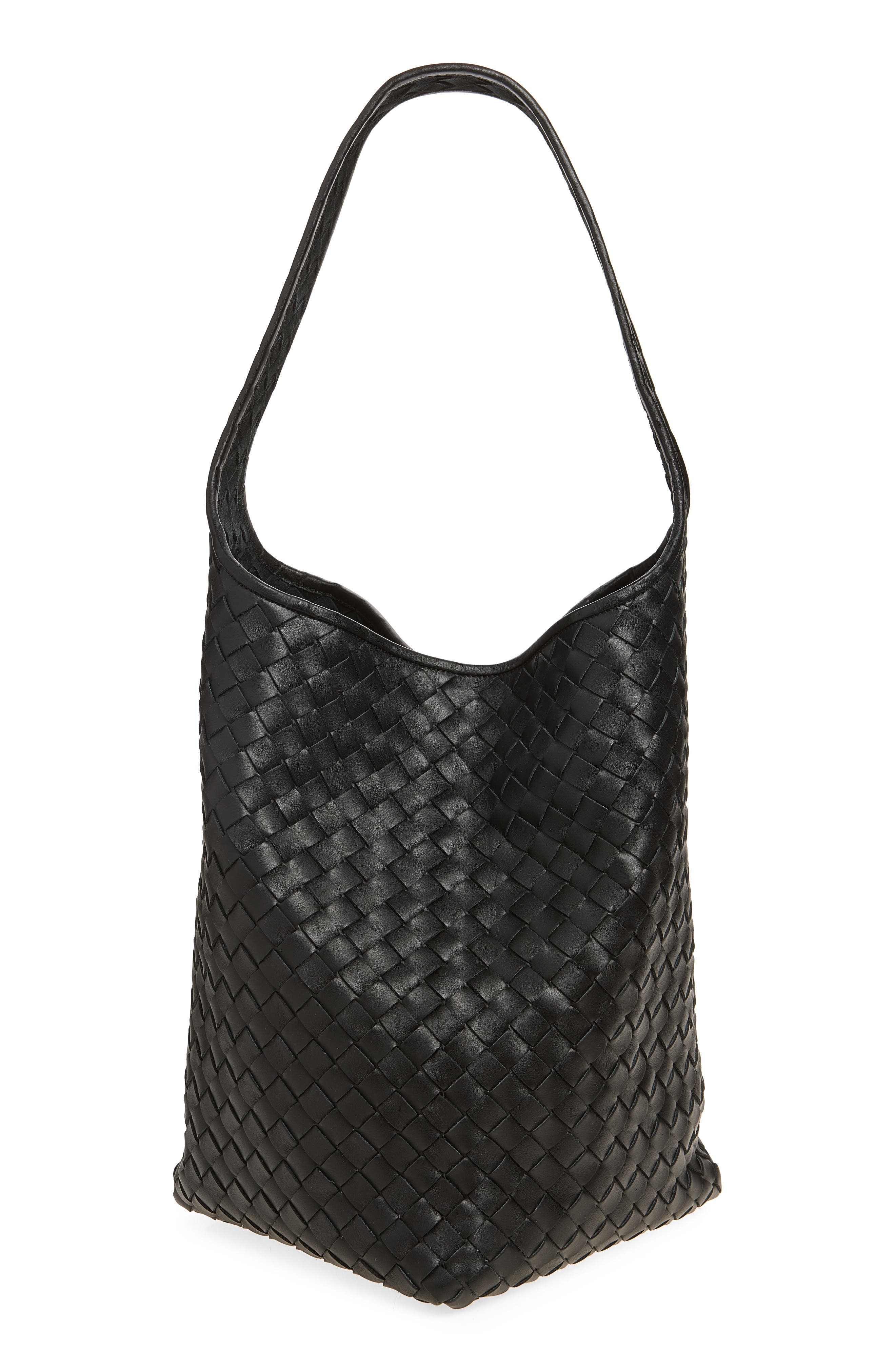 Triangolo Intrecciato Leather Bucket Bag, Alternate, color, 8803 BLACK/ SILVER