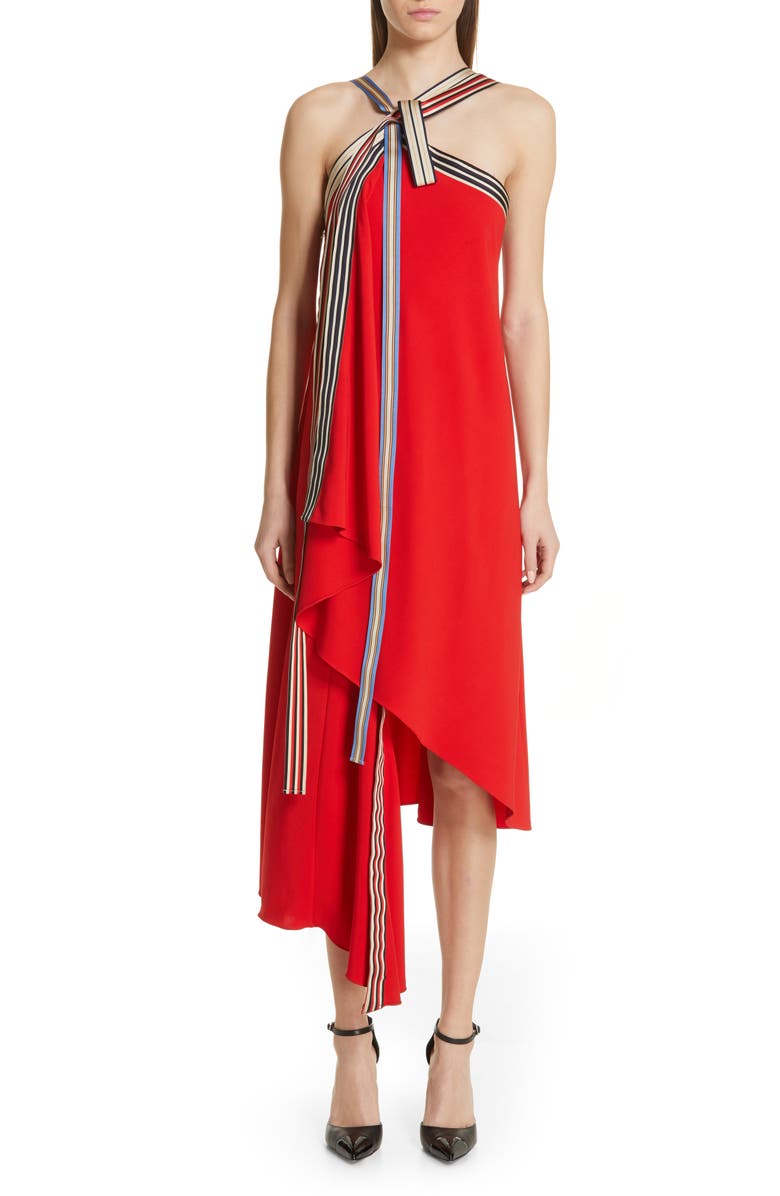 MONSE Grosgrain Tie Neck Asymmetrical Midi Dress, Main, color, 