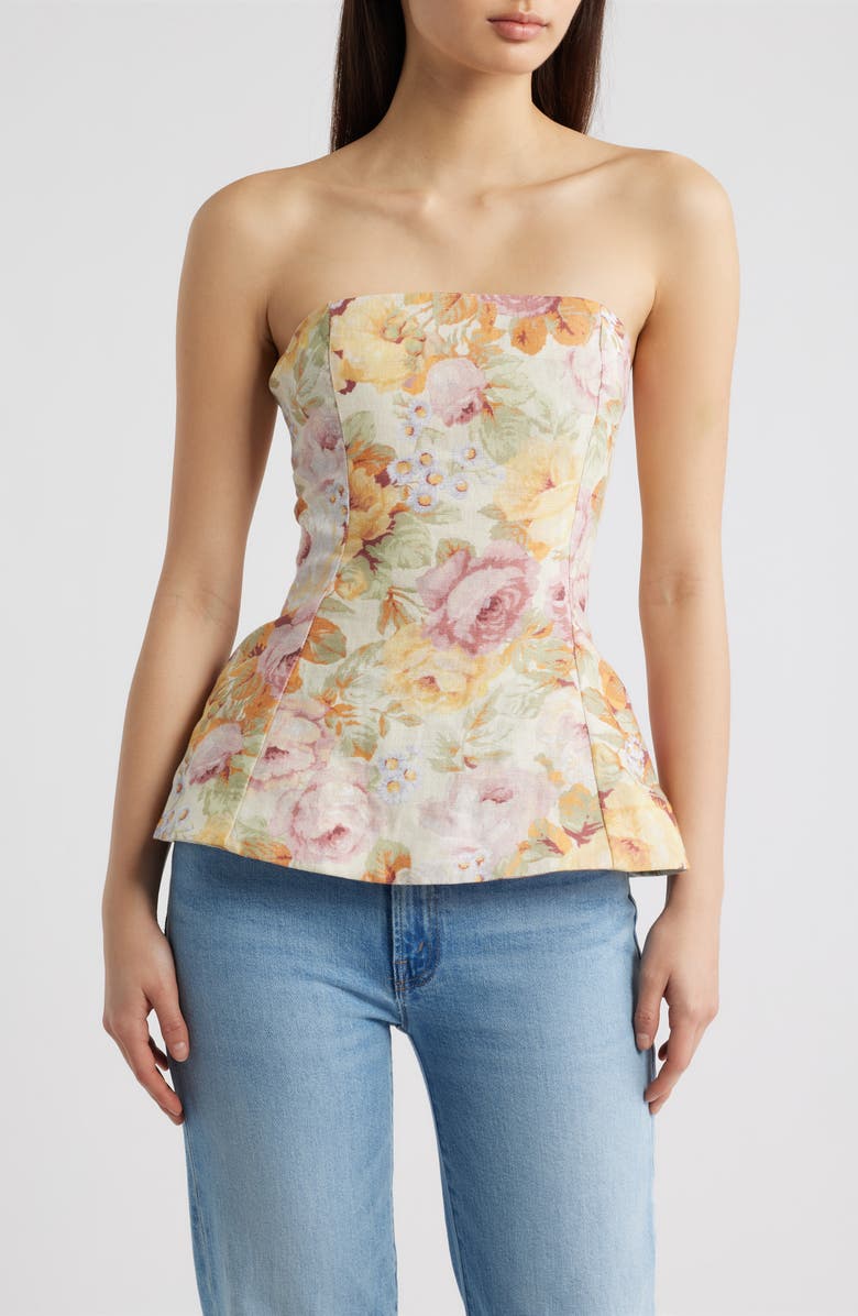 Faithfull the Brand Petro Floral Strapless Linen Peplum Top, Main, color, Giardino