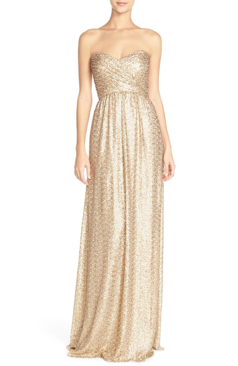 Amsale 'London' Sequin Tulle Strapless Column Gown, Main, color,