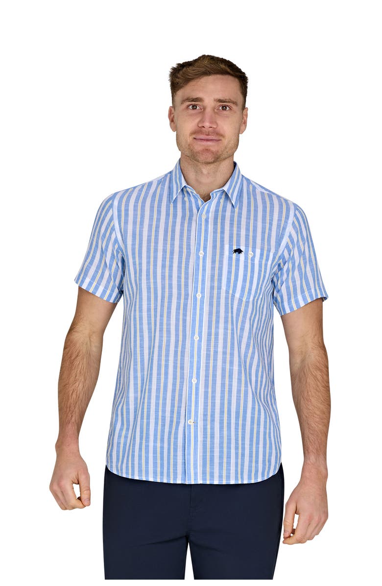 Raging Bull Short Sleeve Cotton Linen Look Shirt, Main, color, Mid Blue