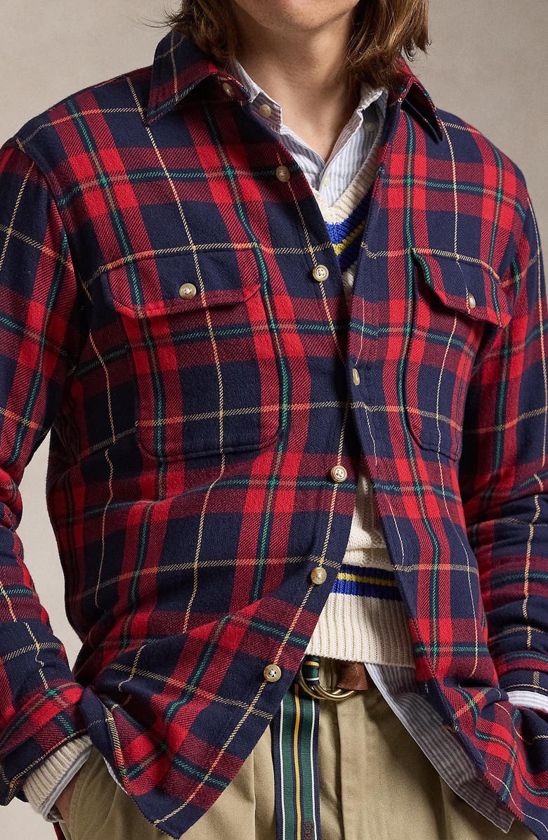 Polo Ralph Lauren Plaid Flannel Elbow Patch Button-Up Overshirt, Alternate, color, 
