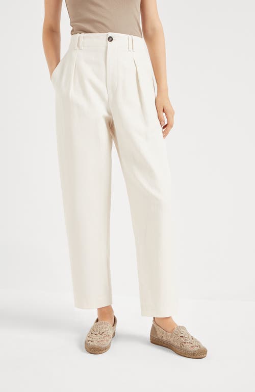 Brunello Cucinelli Pantaloni A Vita Alta Bianchi In Cotone Misto Lino In Panama