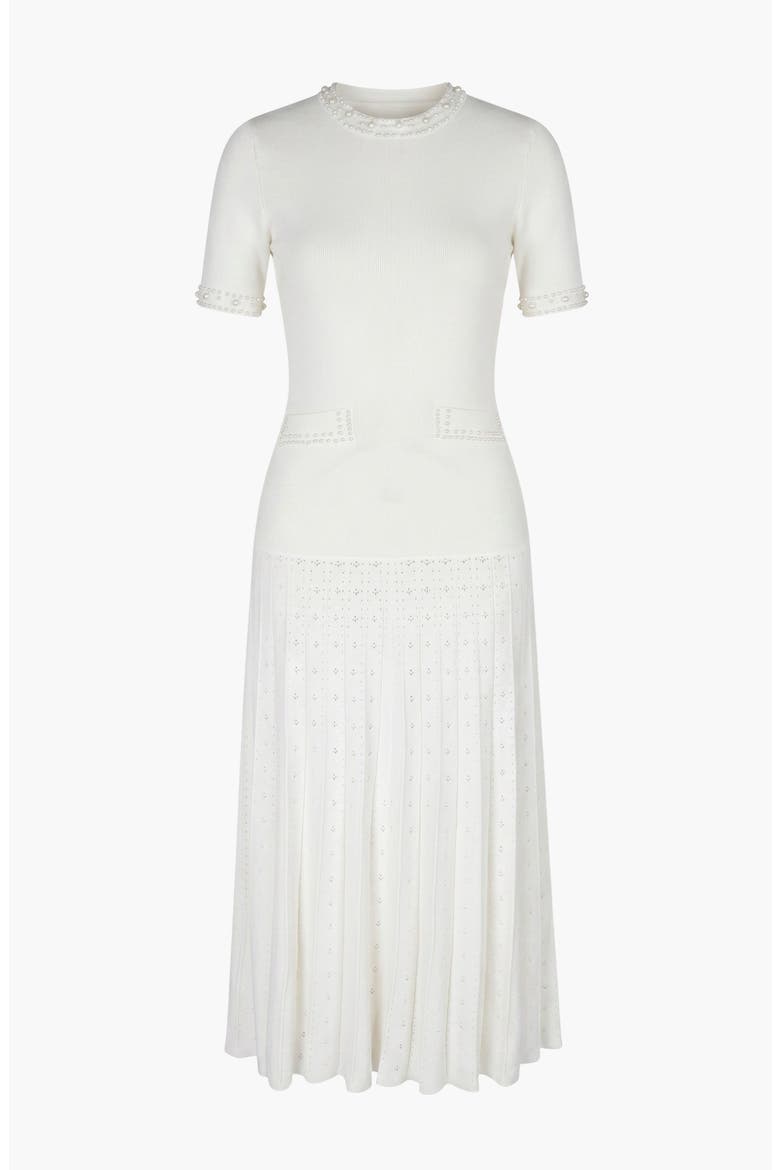 Pearl Embellished Fitted Waist Pleated Midi Knit Dress, Alternate, color, White