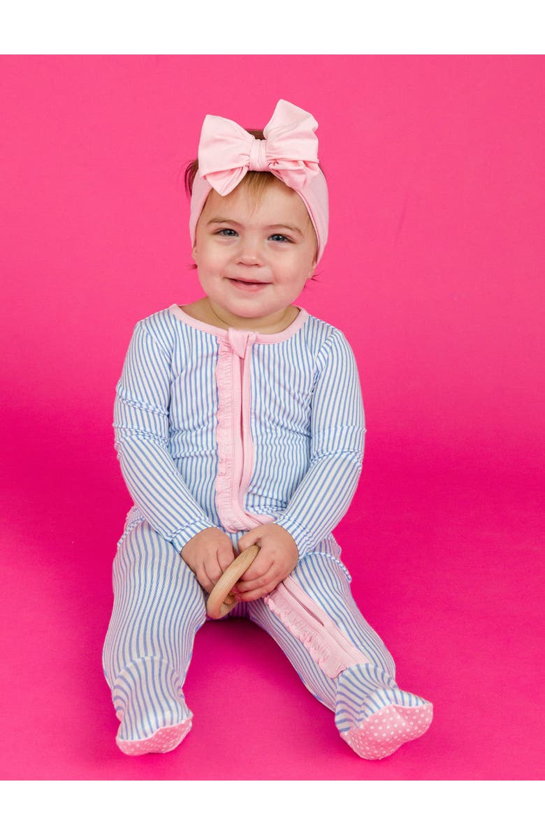 RuffleButts SoftSnooze Baby Girls Ruffle One Piece Footie Pajamas, Alternate, color, Periwinkle & White Stripe