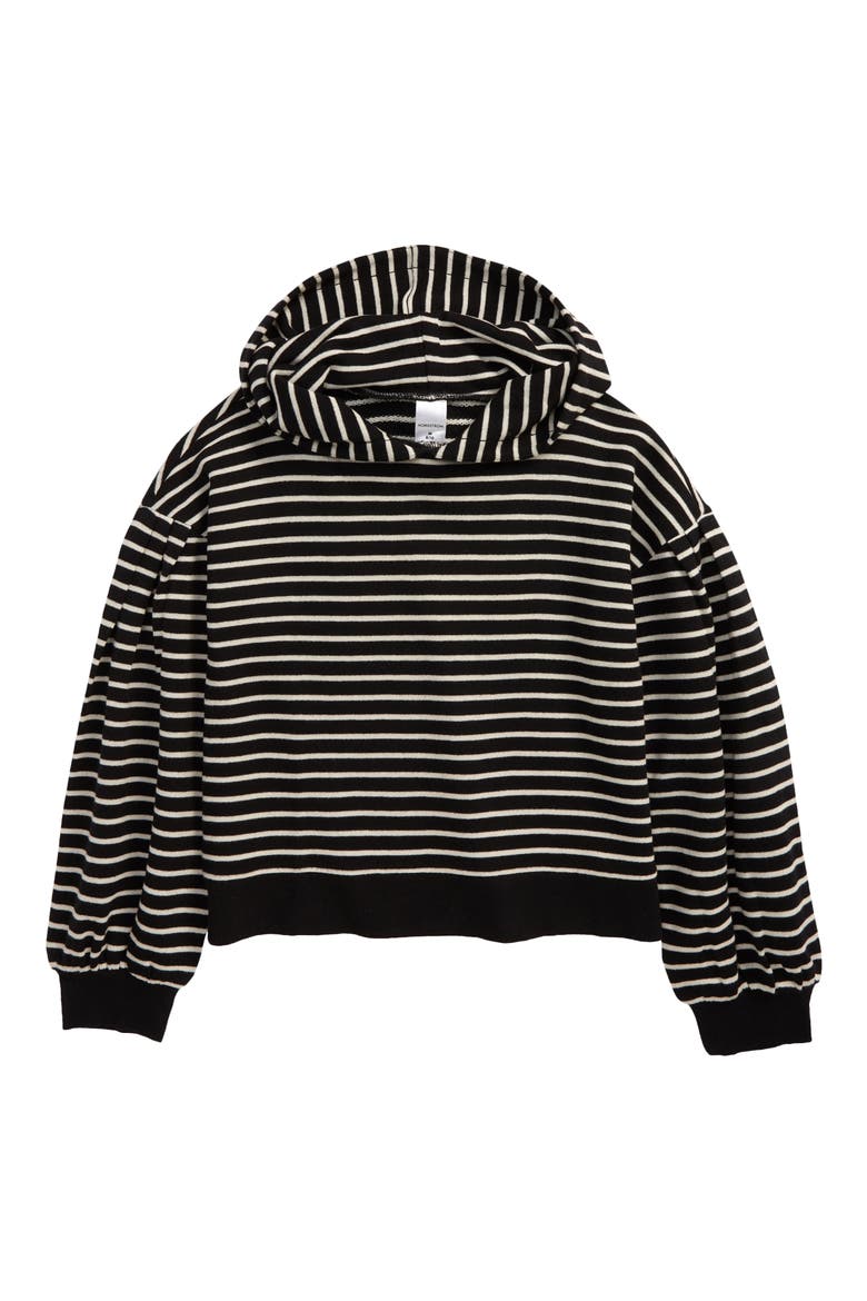 Kids' Balloon Sleeve French Terry Hoodie, Main, color, BLACK- IVORY STRIPE
