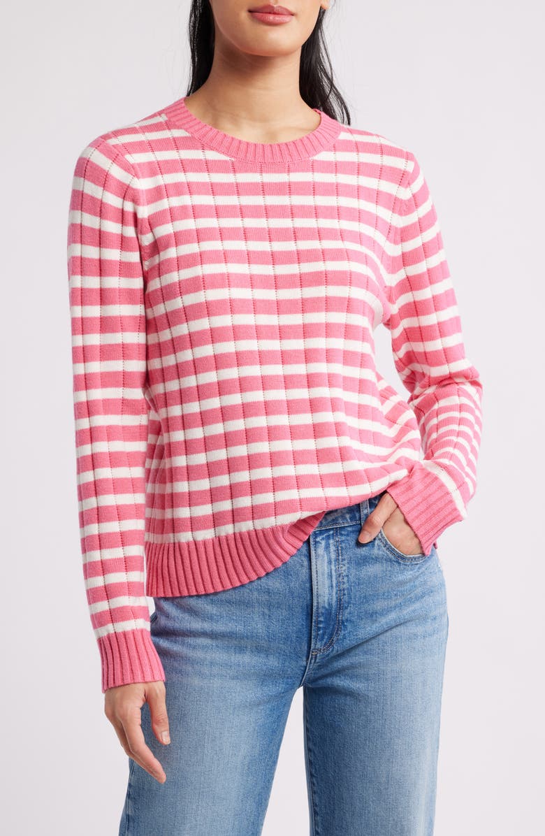 Caslon<sup>®</sup> Stripe Crewneck Rib Sweater, Main, color, Pink Caliente- Ivory Stripe