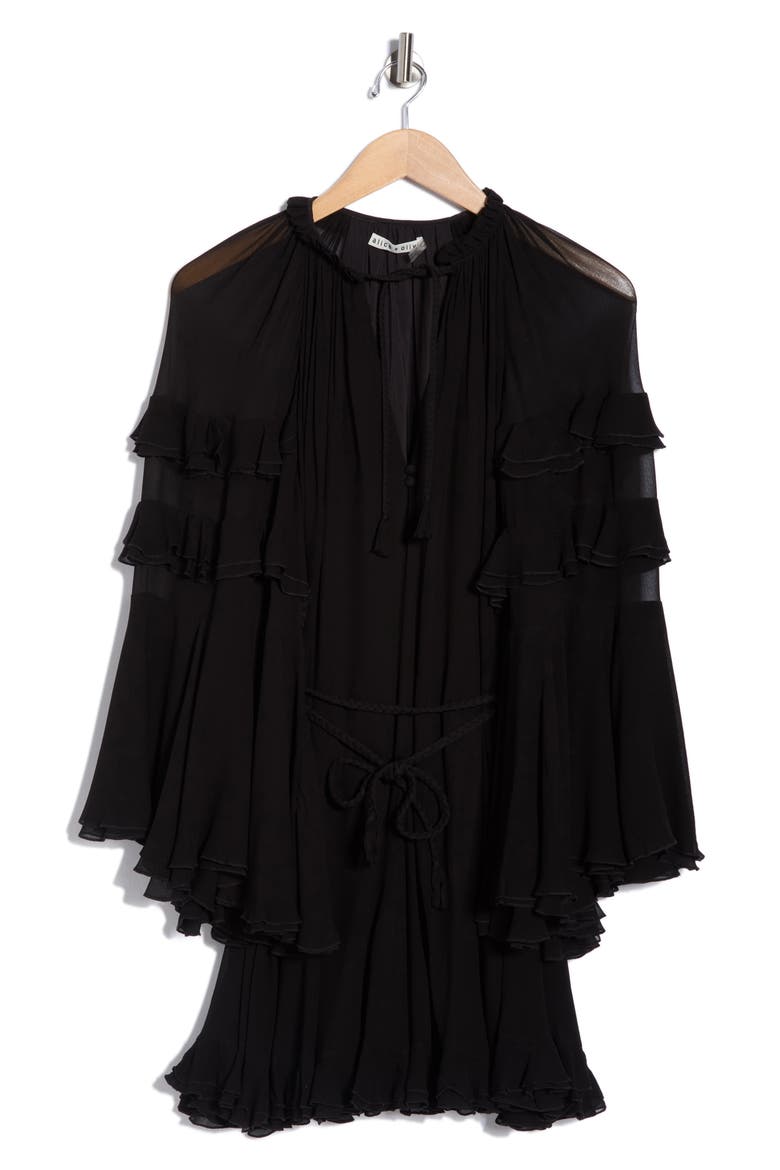 Adaline Ruffle Long Sleeve Minidress, Alternate, color, BLACK