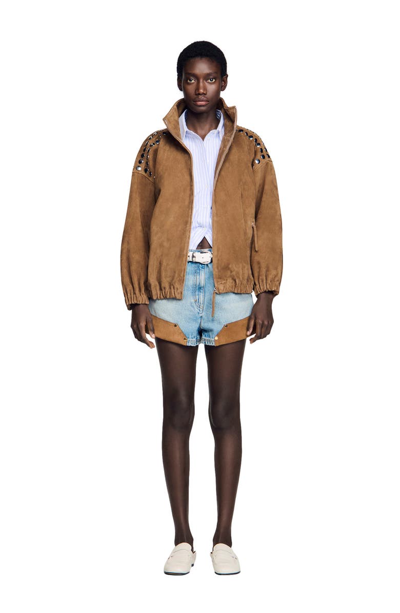 SANDRO Studded suede jacket, Main, color, Camel