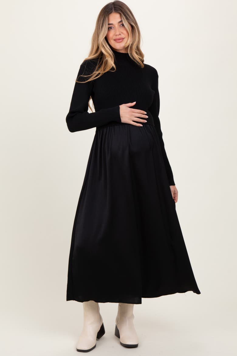 Knit Contrast Top Satin Midi Dress, Alternate, color, Black