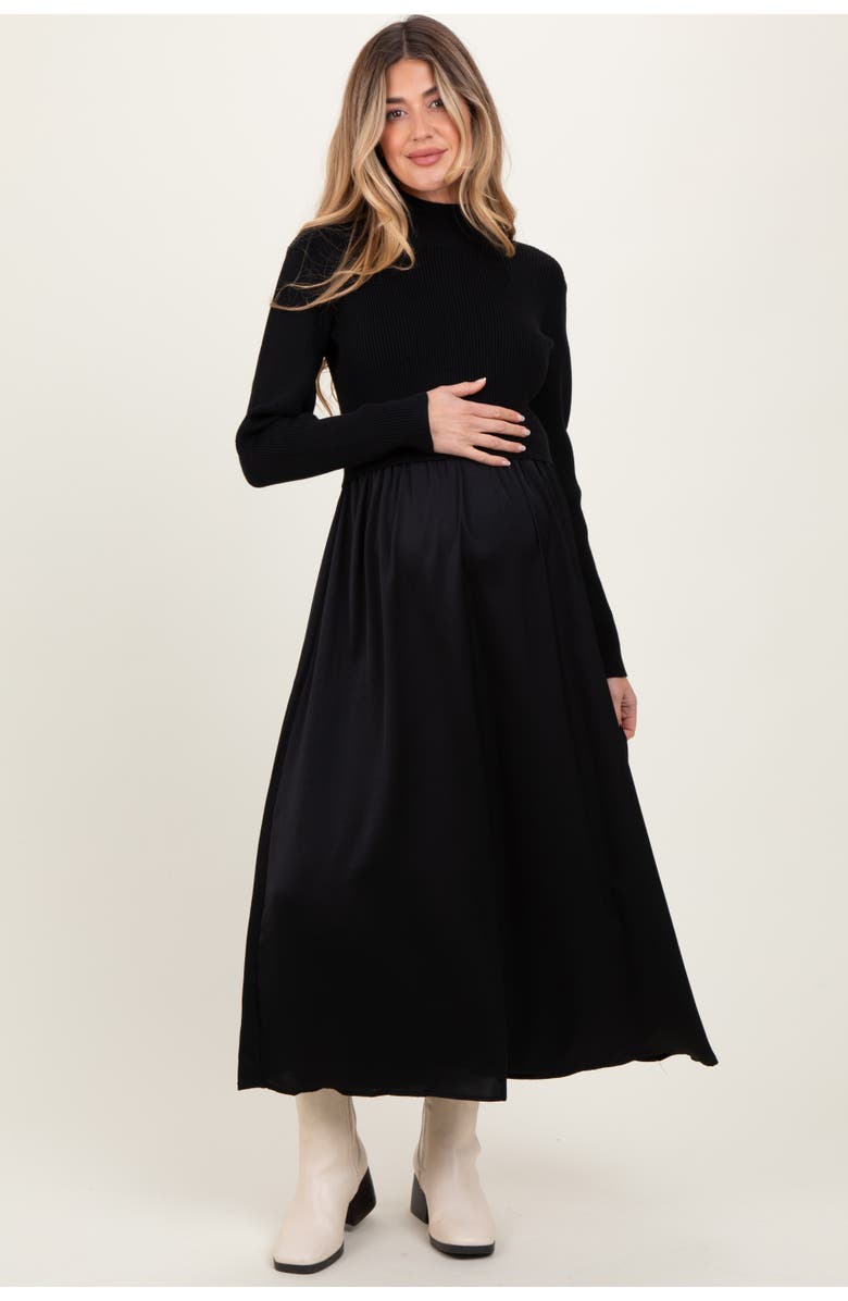 PinkBlush Knit Contrast Top Satin Midi Dress, Alternate, color, Black