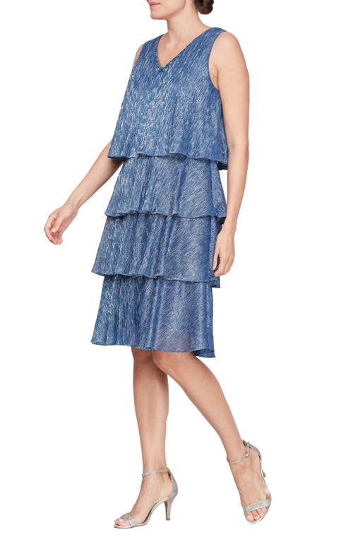 Sl Fashions Tiered Metallic Cocktail Dress With Jacket In Wedgewood