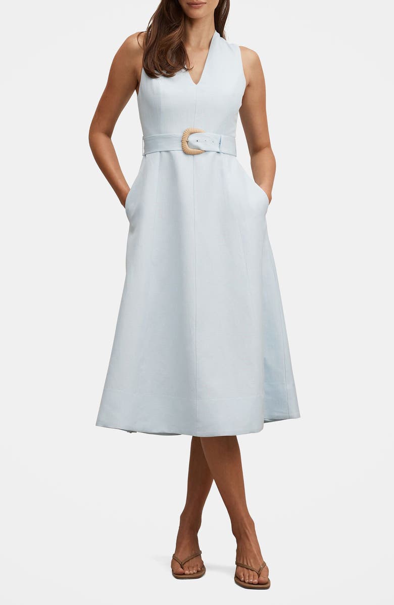 Ever New Vanessa Belted V-Neck Linen Blend Midi Dress, Main, color, Cooling Spray