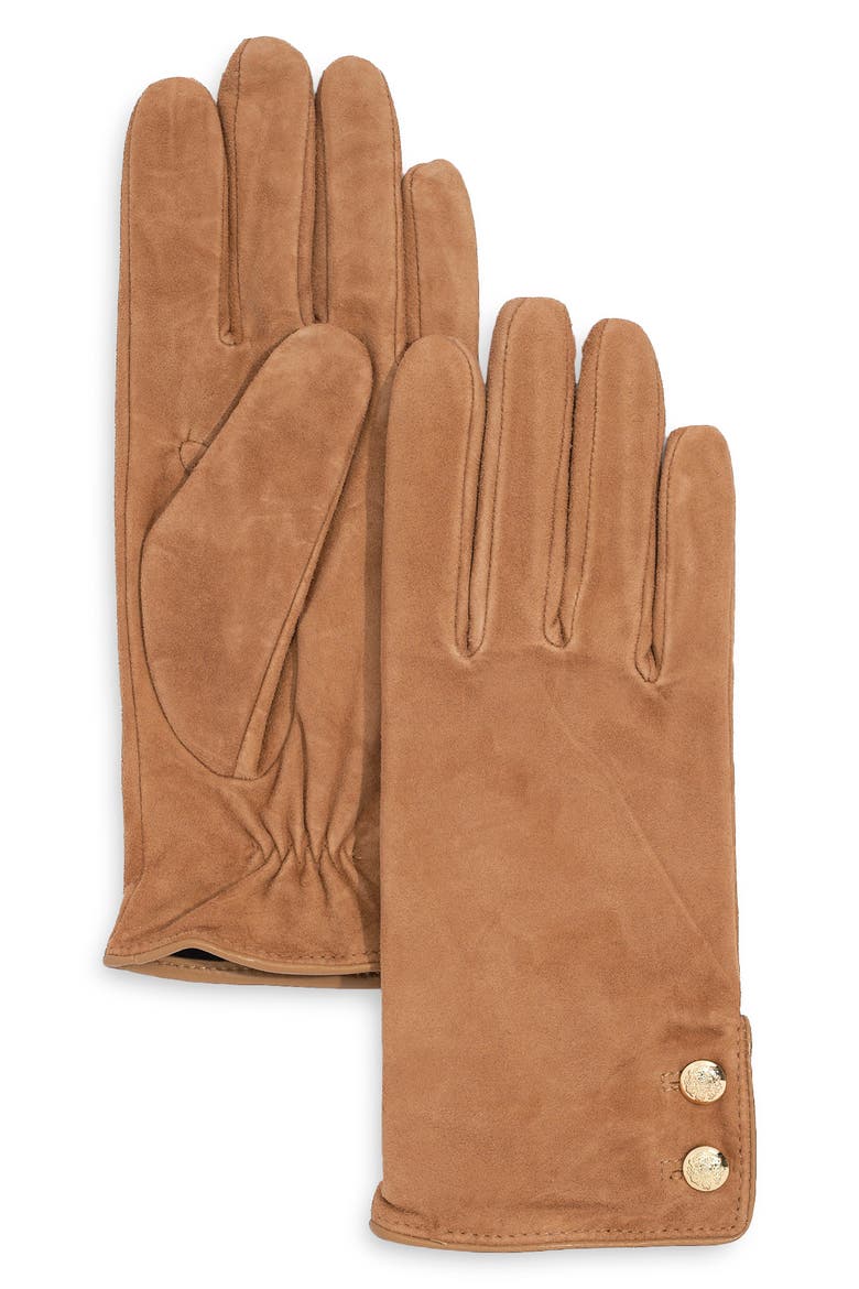 Crest Button Suede Gloves, Alternate, color, CAMEL