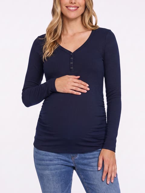 V-Neck Side-Ruched Long Sleeve Henley Tee