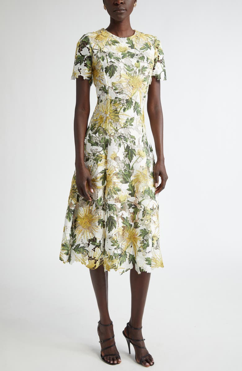 Oscar de la Renta Chrysanthemum Print Guipure Lace Dress, Main, color,