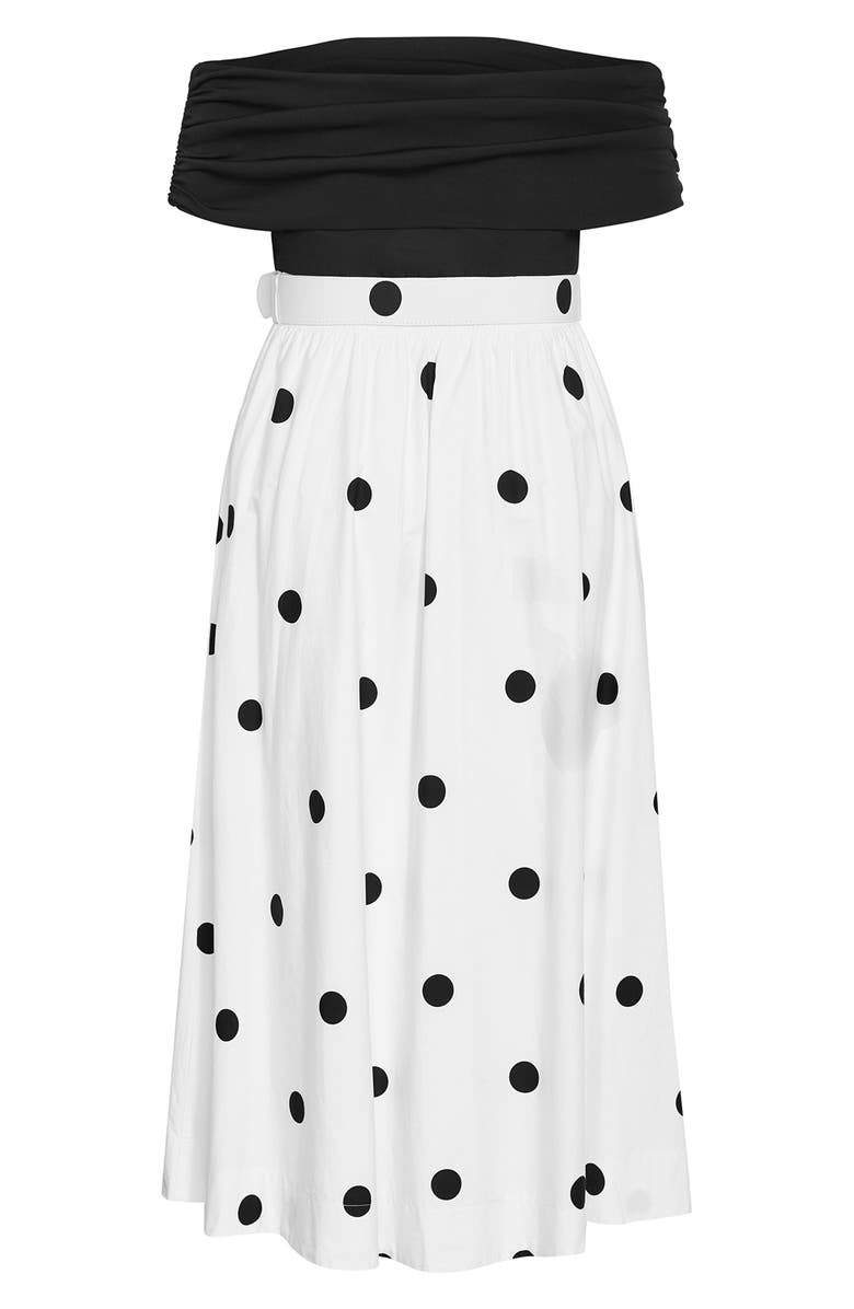 City Chic Anita Mixed Media Off the Shoulder Maxi Dress, Alternate, color, Blk Polka