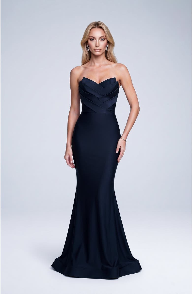 Jessica Angel Strapless Layered Tulip Bodice Mermaid Evening Gown, Alternate, color, Black