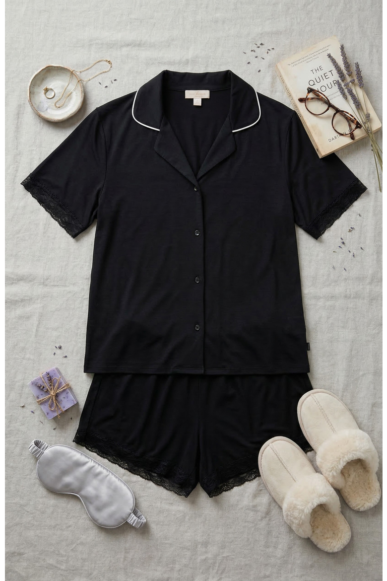 Notched Collared Shorts 2pc Pajama Set, Alternate, color, Black