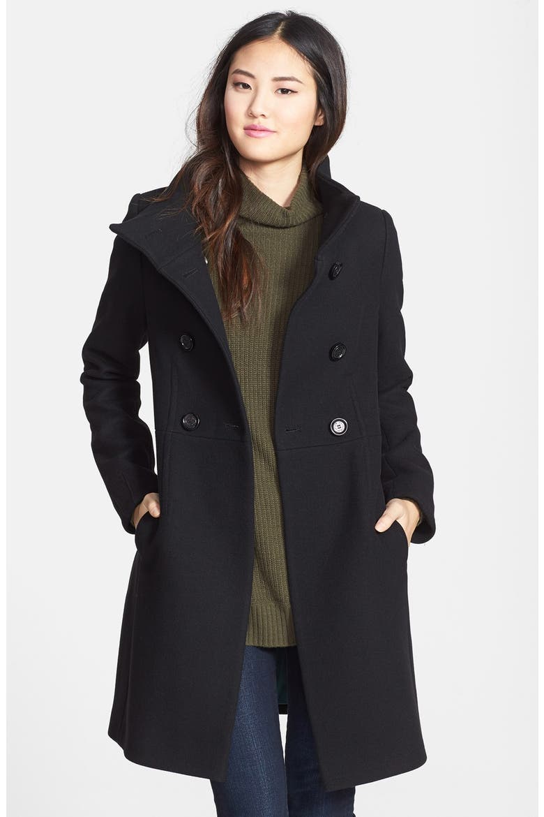 'Pina' Stand Collar Double Breasted Long Wool Blend Coat, Main, color, BLACK